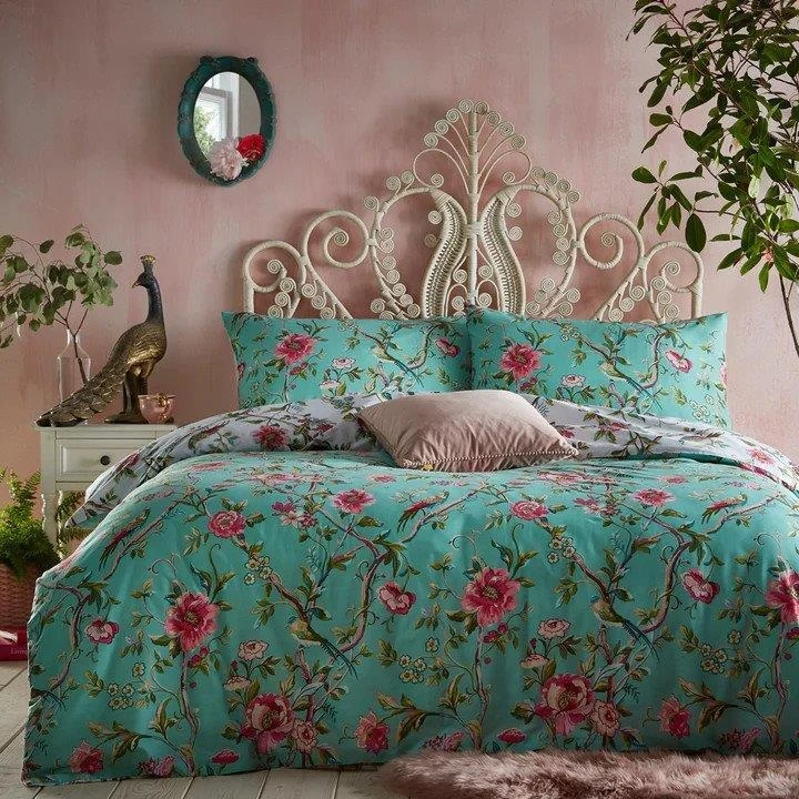 Furn Vintage Chinoiserie Floral Exotic Duvet Cover Set Jade 4 Furn Vintage Chinoiserie Floral Exotic Duvet Cover Set Jade - Image 2